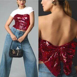 NWT Anthropologie Hutch Bare Sequin Bow Back Top in Pink